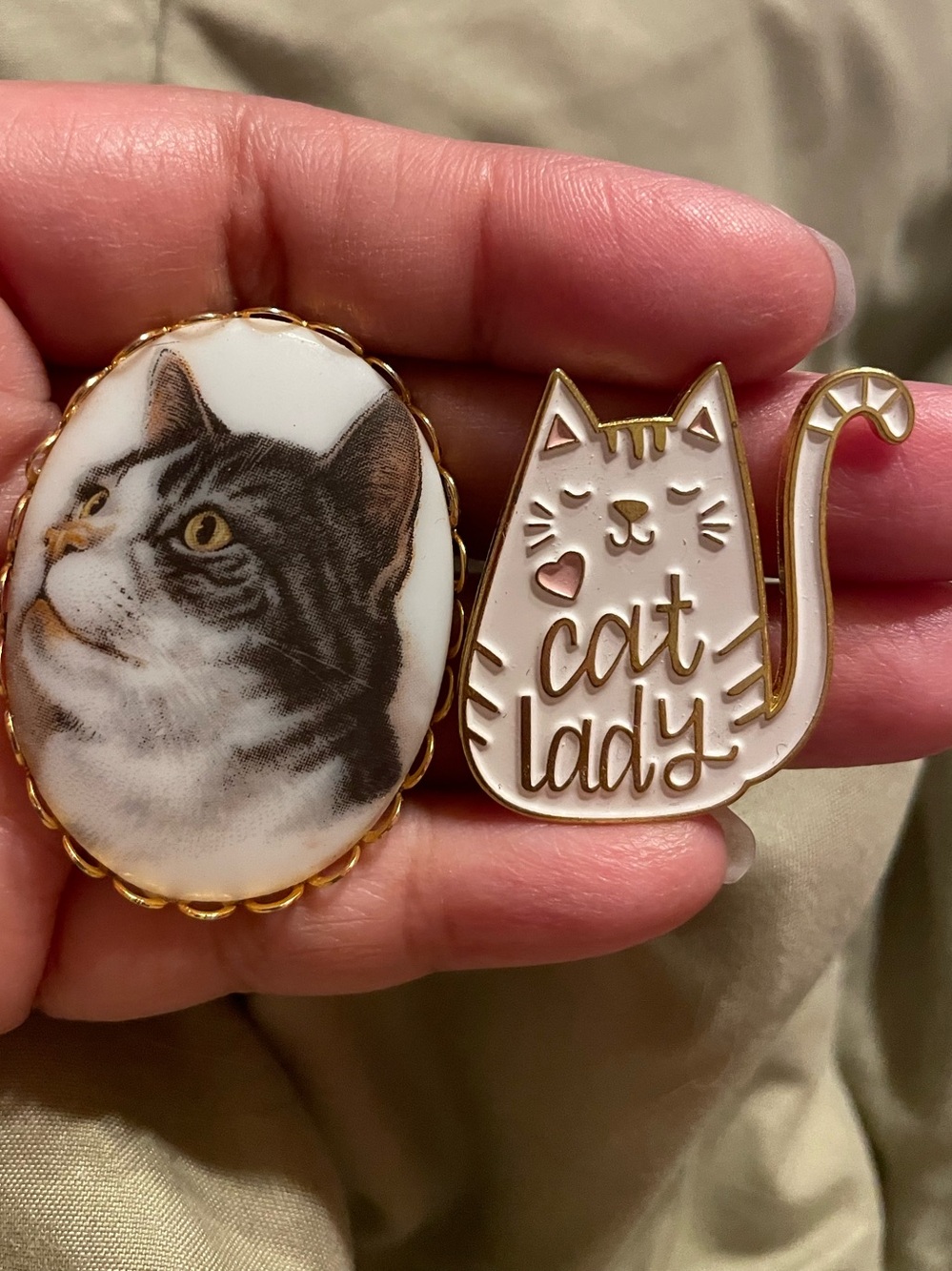 Cat Cameo and Cat Lady Enamel Pin Set - White and Gold Cat Design